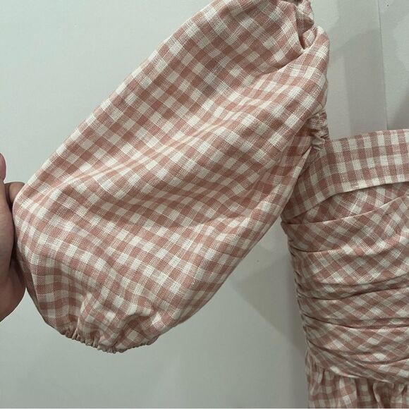 Reformation Mini Dress Zula 100% Linen Pink Gingham Plaid Short Puff Sleeve sz 2 - Picture 4 of 10